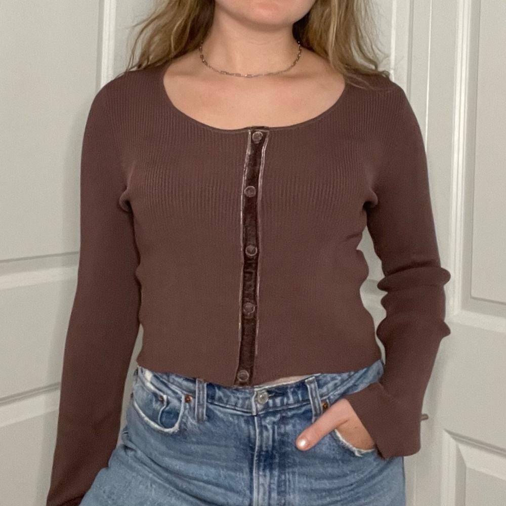 Zara Ribbed Brown Velvet Button Down